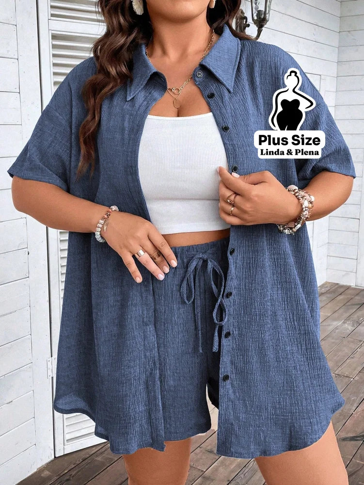 Conjunto Camisa Social Com Short Soltinho Plus Size Conjunto Camisa Social Com Short Soltinho Plus Size