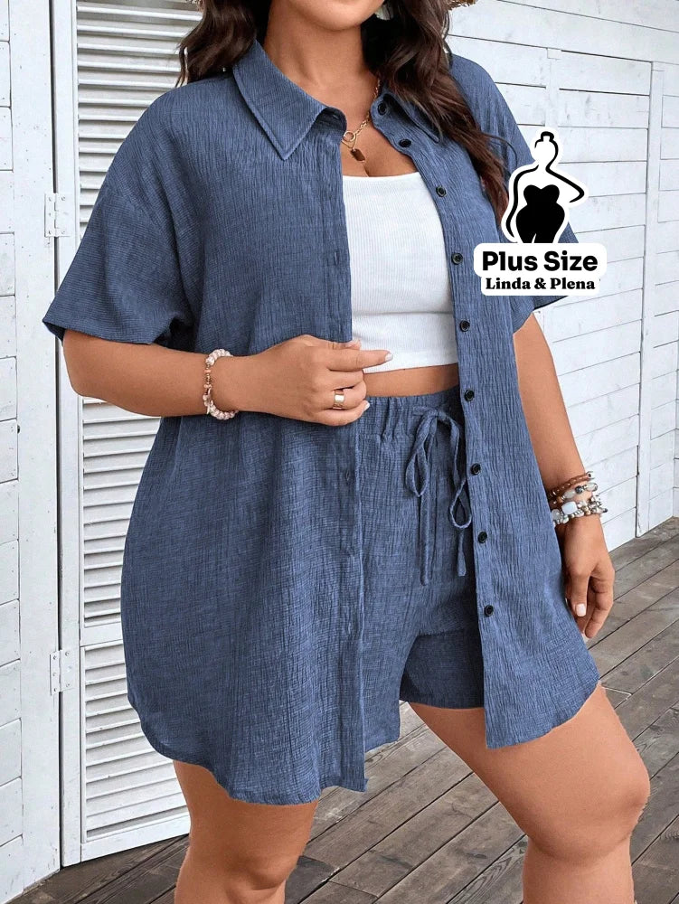 Conjunto Camisa Social Com Short Soltinho Plus Size Conjunto Camisa Social Com Short Soltinho Plus Size