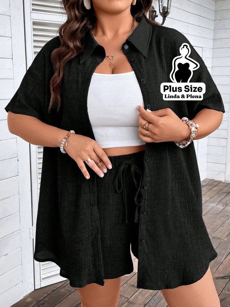 Conjunto Camisa Social Com Short Soltinho Plus Size Conjunto Camisa Social Com Short Soltinho Plus Size