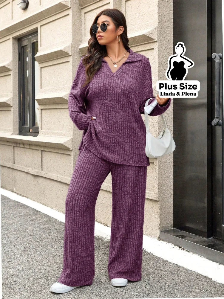 Conjunto Canelado com Blusa de Gola V e Calça Solta Plus Size Roxo / G Conjunto Canelado com Blusa de Gola V e Calça