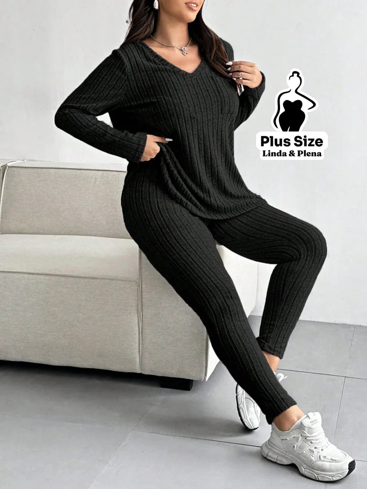 Conjunto Canelado Com Blusa Gola V E Manga Longa Plus Size Conjunto Canelado Com Blusa Gola V E Manga Longa Plus Size