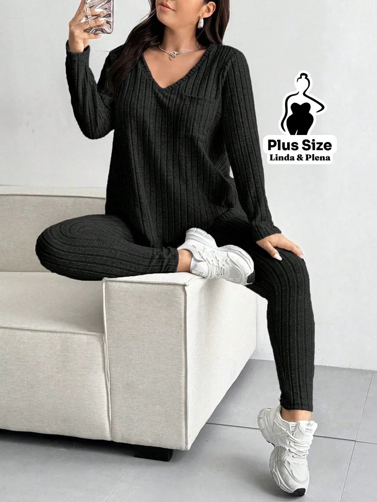 Conjunto Canelado Com Blusa Gola V E Manga Longa Plus Size Conjunto Canelado Com Blusa Gola V E Manga Longa Plus Size