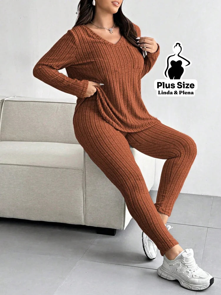 Conjunto Canelado Com Blusa Gola V E Manga Longa Plus Size Conjunto Canelado Com Blusa Gola V E Manga Longa Plus Size