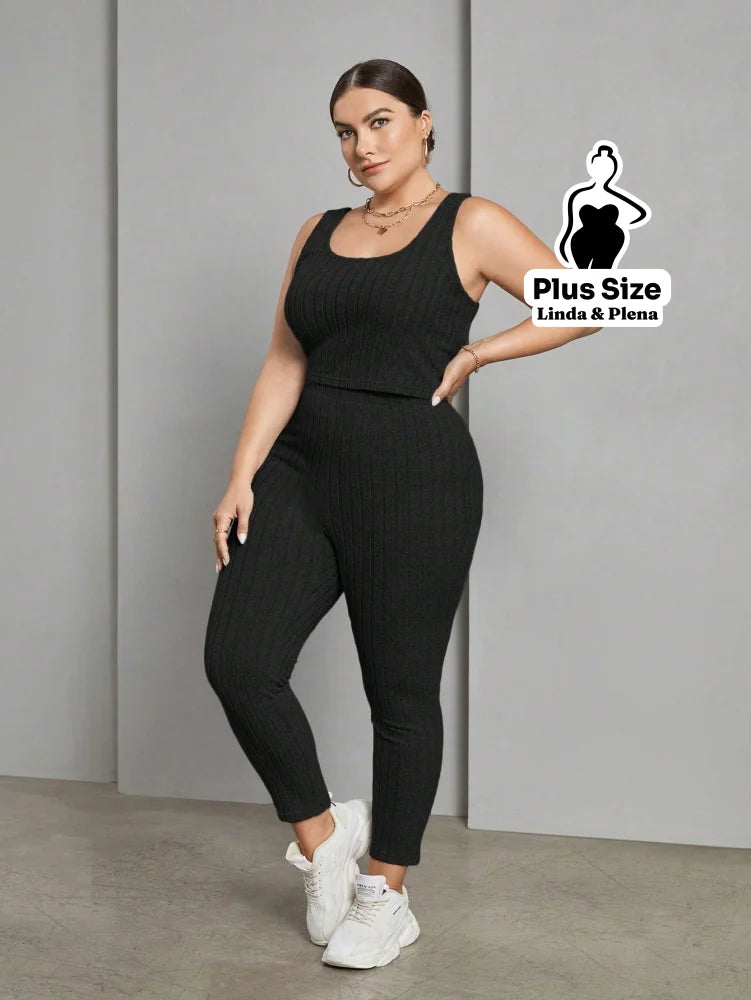 Conjunto Canelado Com Cropped Calça E Cardigan Longo Plus Size Conjunto Canelado Com Cropped Calça E Cardigan Longo