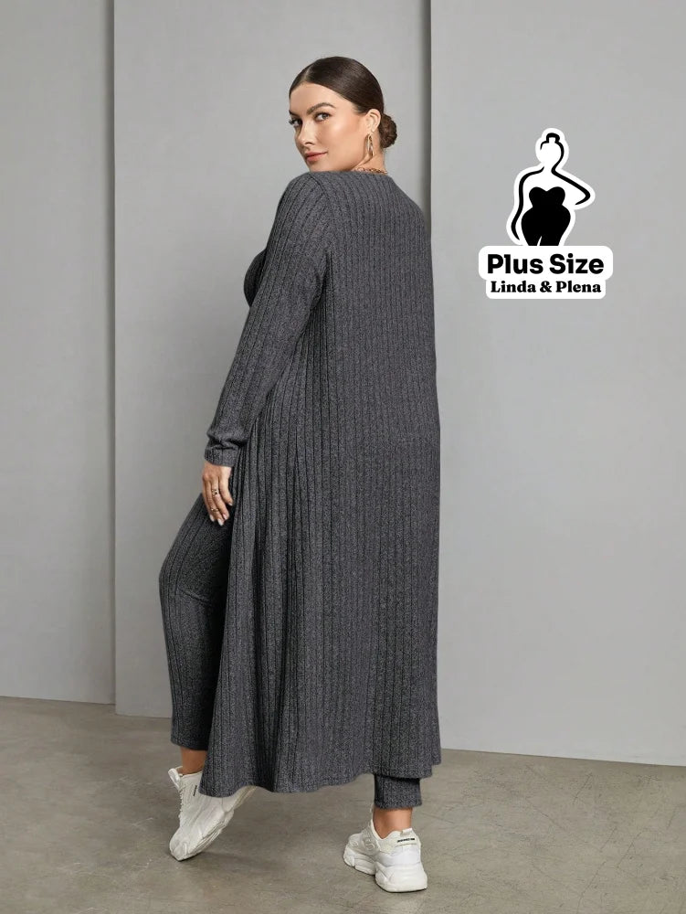 Conjunto Canelado Com Cropped Calça E Cardigan Longo Plus Size Conjunto Canelado Com Cropped Calça E Cardigan Longo
