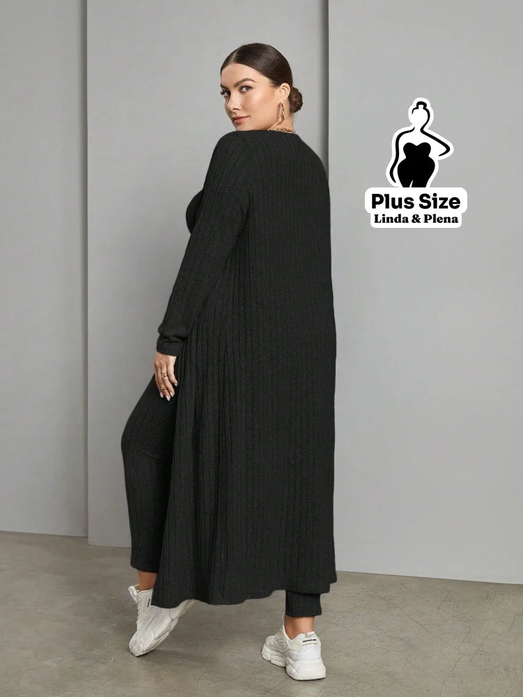 Conjunto Canelado Com Cropped Calça E Cardigan Longo Plus Size Conjunto Canelado Com Cropped Calça E Cardigan Longo
