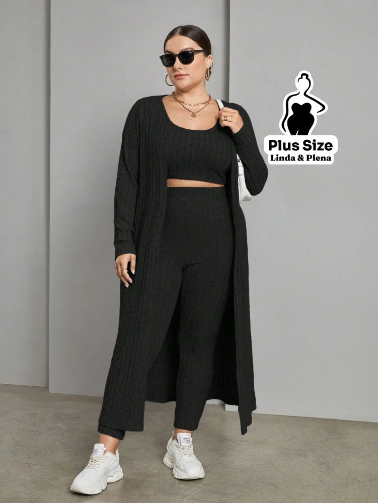 Conjunto Canelado Com Cropped Calça E Cardigan Longo Plus Size Conjunto Canelado Com Cropped Calça E Cardigan Longo
