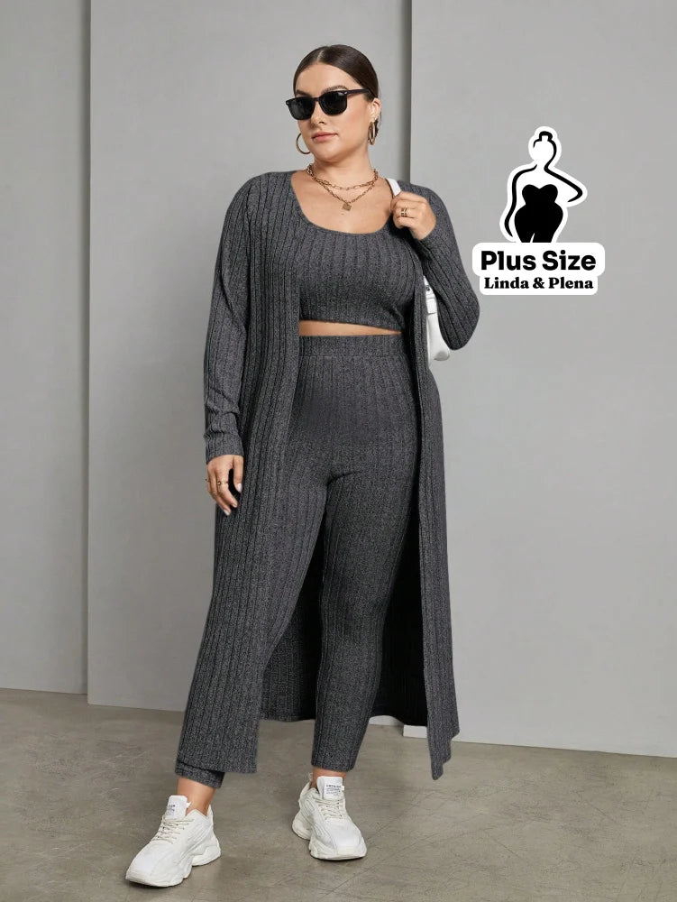 Conjunto Canelado Com Cropped Calça E Cardigan Longo Plus Size Conjunto Canelado Com Cropped Calça E Cardigan Longo