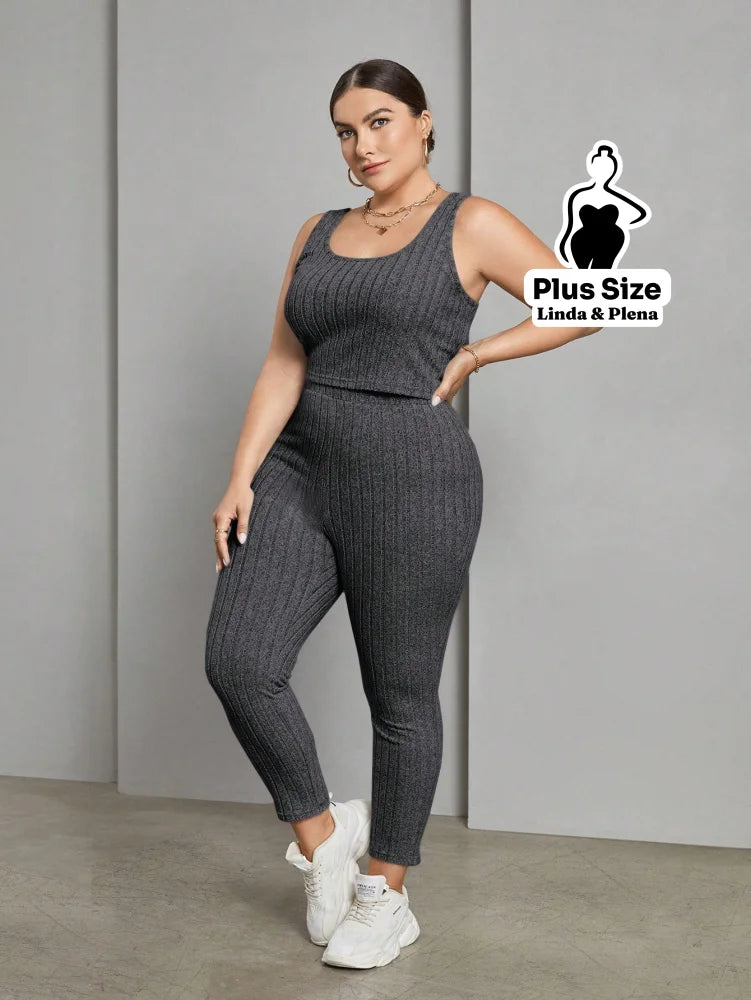 Conjunto Canelado Com Cropped Calça E Cardigan Longo Plus Size Conjunto Canelado Com Cropped Calça E Cardigan Longo