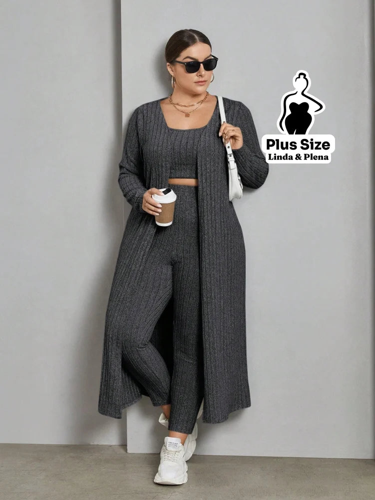 Conjunto Canelado Com Cropped Calça E Cardigan Longo Plus Size Chumbo / G Conjunto Canelado Com Cropped Calça E