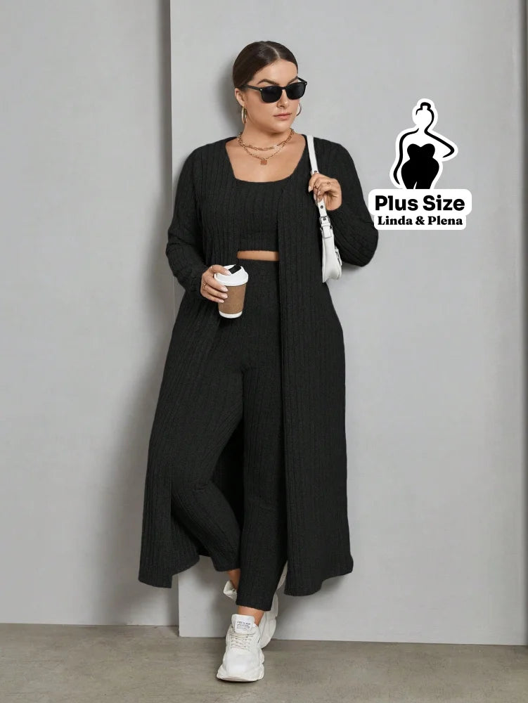 Conjunto Canelado Com Cropped Calça E Cardigan Longo Plus Size Preto / G Conjunto Canelado Com Cropped Calça E Cardigan