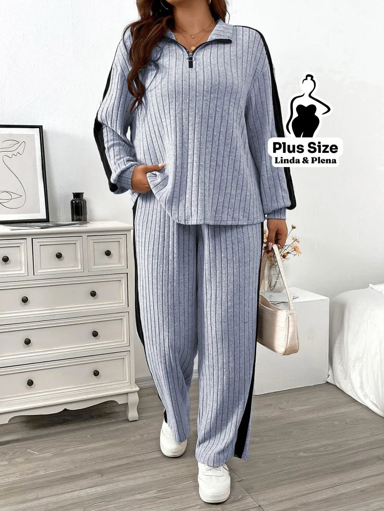Conjunto Canelado com Zíper e Faixa Lateral Plus Size Conjunto Canelado com Zíper e Faixa Lateral Plus Size