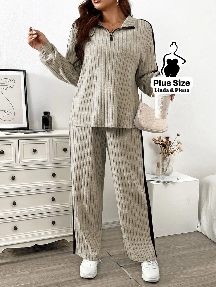 Conjunto Canelado com Zíper e Faixa Lateral Plus Size Conjunto Canelado com Zíper e Faixa Lateral Plus Size