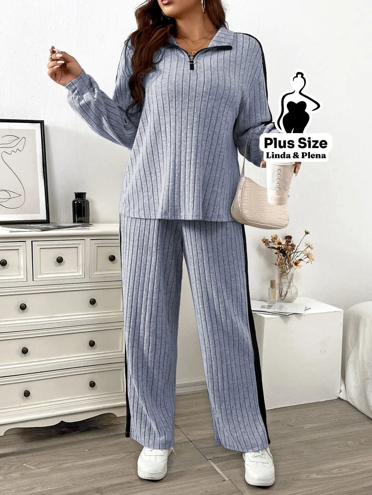 Conjunto Canelado com Zíper e Faixa Lateral Plus Size Conjunto Canelado com Zíper e Faixa Lateral Plus Size