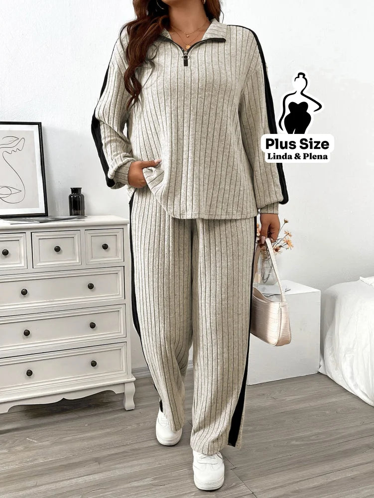 Conjunto Canelado com Zíper e Faixa Lateral Plus Size Conjunto Canelado com Zíper e Faixa Lateral Plus Size