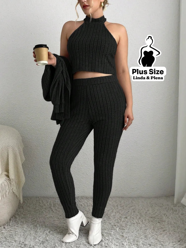 Conjunto Canelado Ombro Vazado Com Calça Justa Plus Size Conjunto Canelado Ombro Vazado Com Calça Justa Plus Size