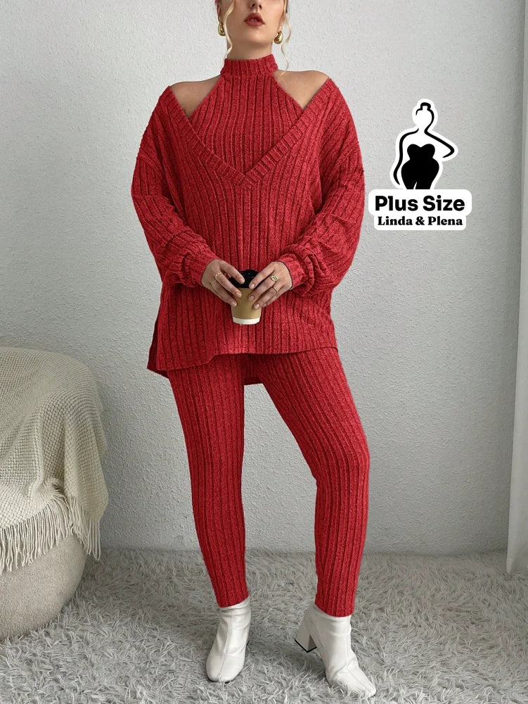 Conjunto Canelado Ombro Vazado Com Calça Justa Plus Size Conjunto Canelado Ombro Vazado Com Calça Justa Plus Size