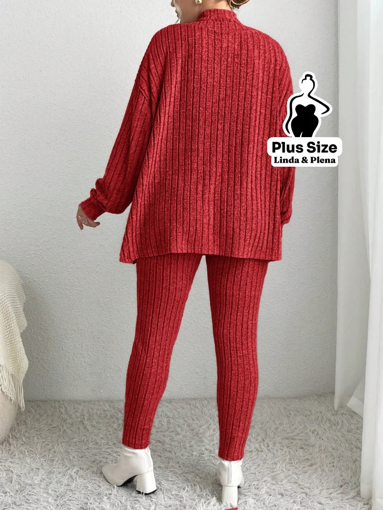 Conjunto Canelado Ombro Vazado Com Calça Justa Plus Size Conjunto Canelado Ombro Vazado Com Calça Justa Plus Size