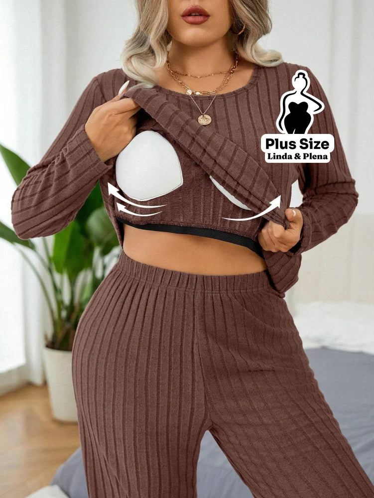 Conjunto Canelado Térmico Com Manga Longa Plus Size Conjunto Canelado Térmico Com Manga Longa Plus Size