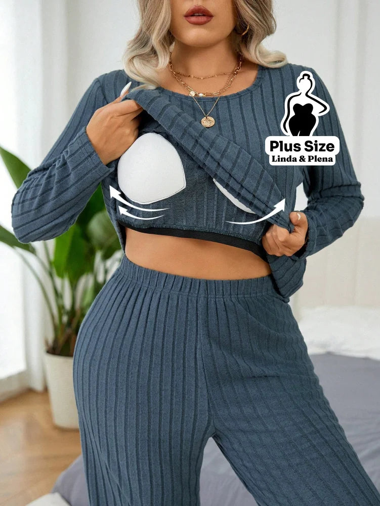 Conjunto Canelado Térmico Com Manga Longa Plus Size Conjunto Canelado Térmico Com Manga Longa Plus Size