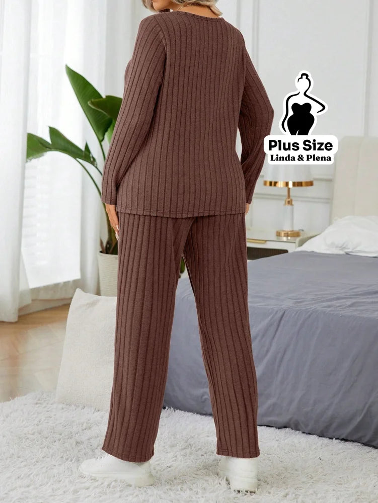 Conjunto Canelado Térmico Com Manga Longa Plus Size Conjunto Canelado Térmico Com Manga Longa Plus Size