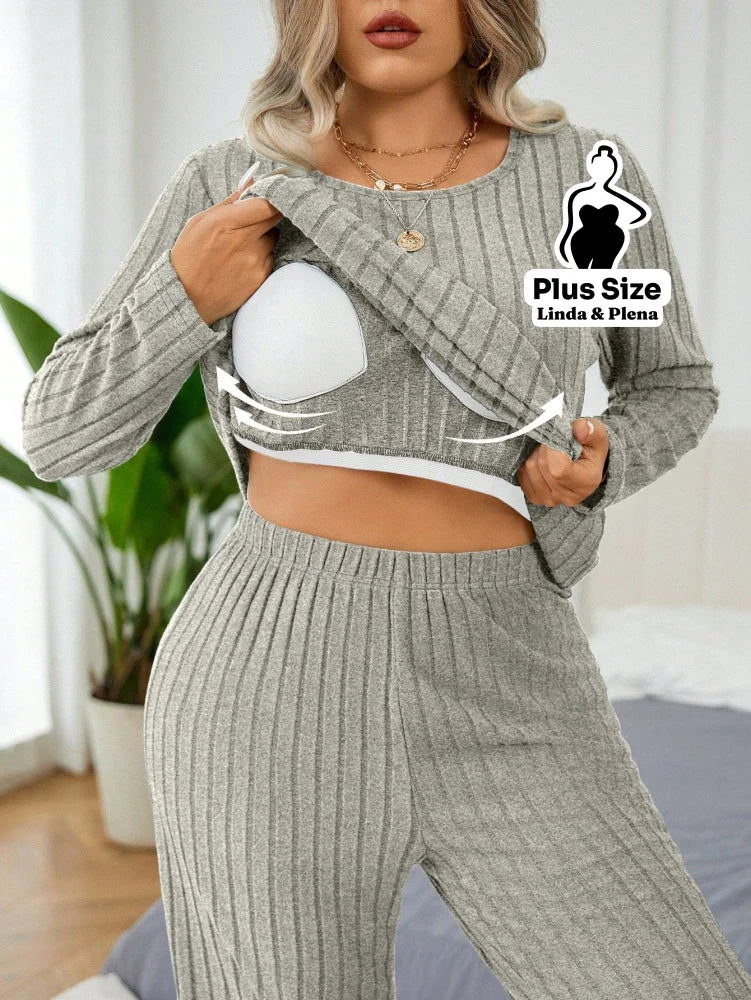 Conjunto Canelado Térmico Com Manga Longa Plus Size Conjunto Canelado Térmico Com Manga Longa Plus Size