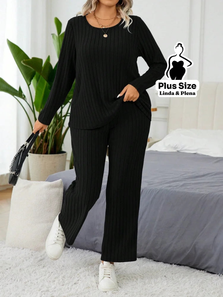 Conjunto Canelado Térmico Com Manga Longa Plus Size Conjunto Canelado Térmico Com Manga Longa Plus Size