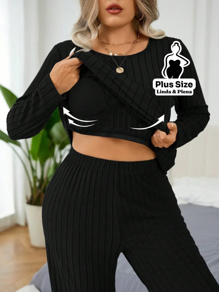 Conjunto Canelado Térmico Com Manga Longa Plus Size Conjunto Canelado Térmico Com Manga Longa Plus Size