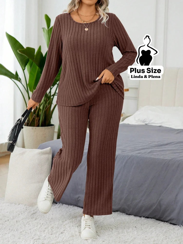 Conjunto Canelado Térmico Com Manga Longa Plus Size Conjunto Canelado Térmico Com Manga Longa Plus Size