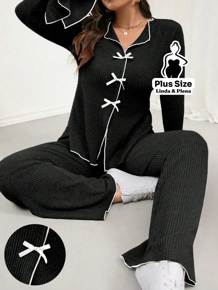 Conjunto Cardigan Manga Longa Com Calça Pantalona Plus Size Conjunto Cardigan Manga Longa Com Calça Pantalona Plus Size