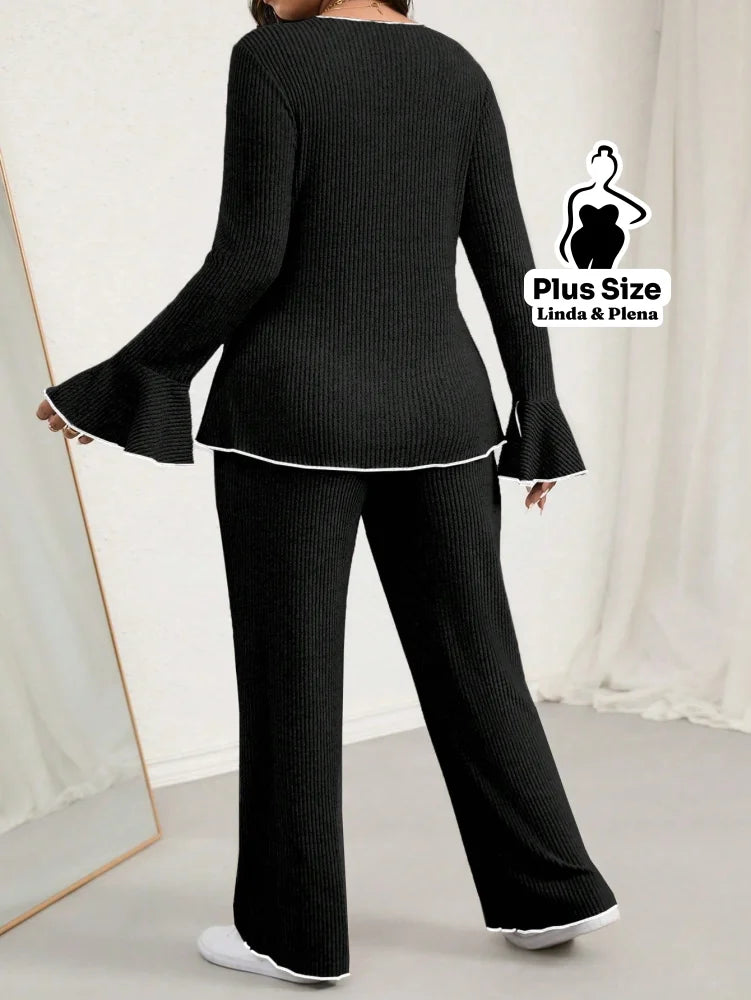 Conjunto Cardigan Manga Longa Com Calça Pantalona Plus Size Conjunto Cardigan Manga Longa Com Calça Pantalona Plus Size
