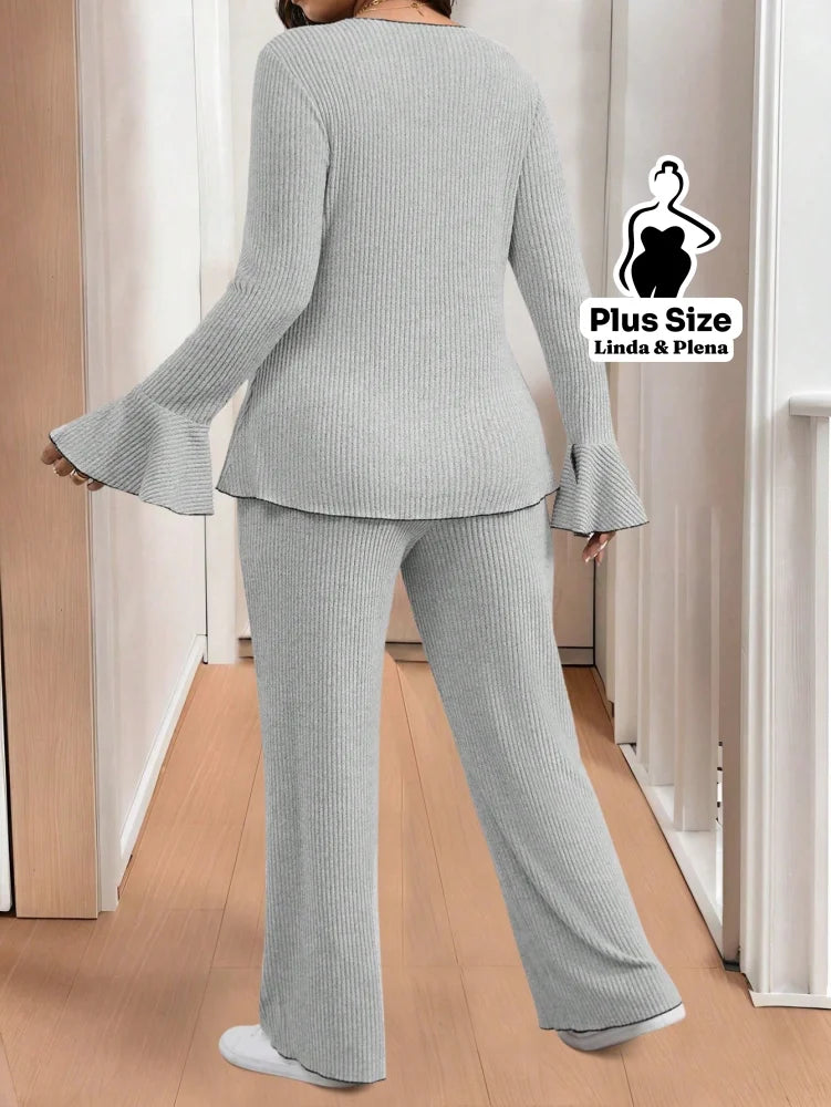 Conjunto Cardigan Manga Longa Com Calça Pantalona Plus Size Conjunto Cardigan Manga Longa Com Calça Pantalona Plus Size
