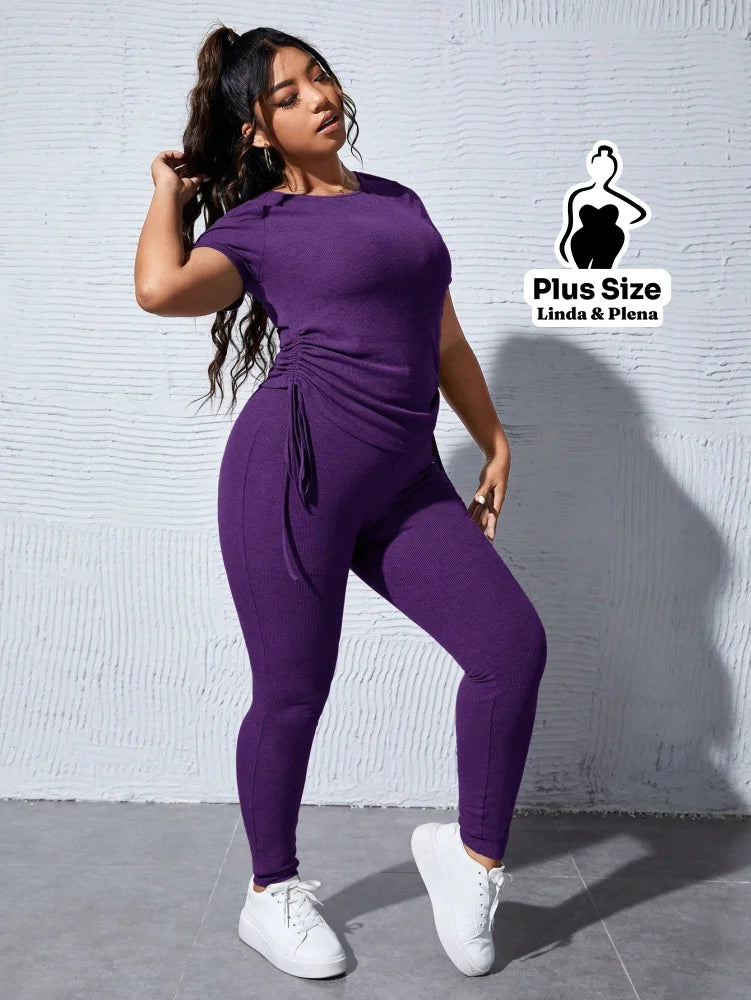 Conjunto Casual Com Blusa Ajustável E Calça Justa Plus Size Conjunto Casual Com Blusa Ajustável E Calça Justa Plus Size