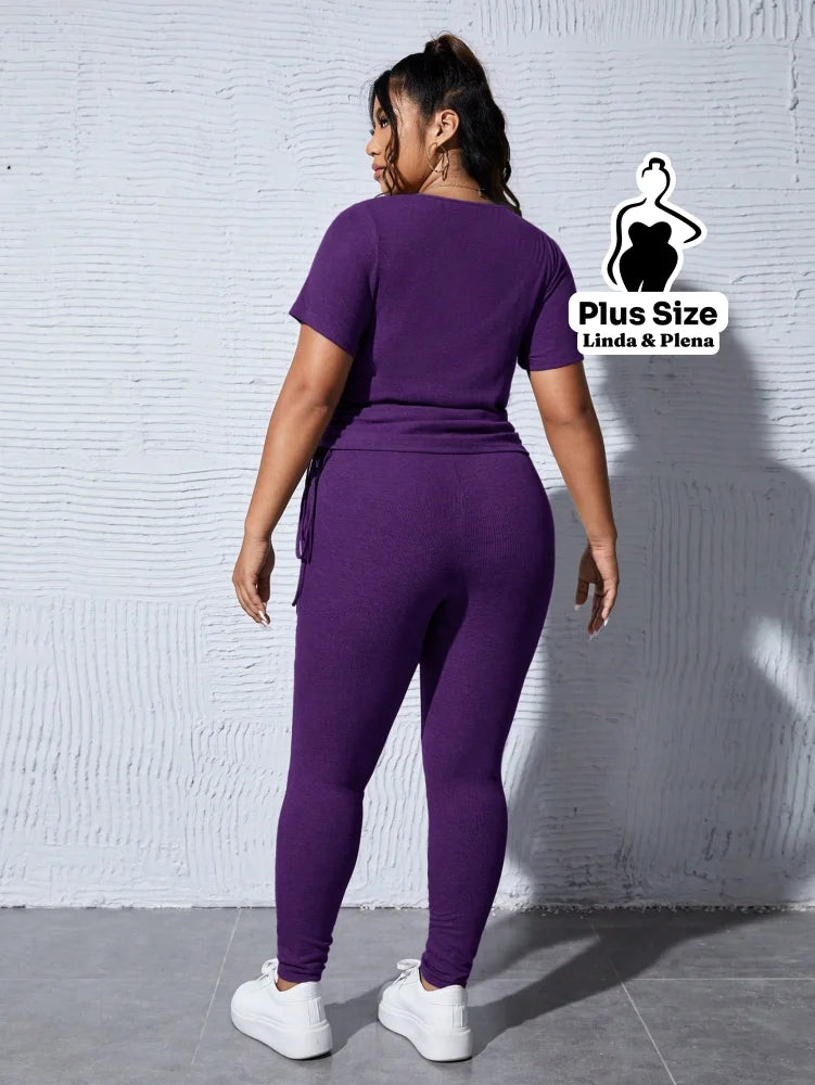 Conjunto Casual Com Blusa Ajustável E Calça Justa Plus Size Conjunto Casual Com Blusa Ajustável E Calça Justa Plus Size