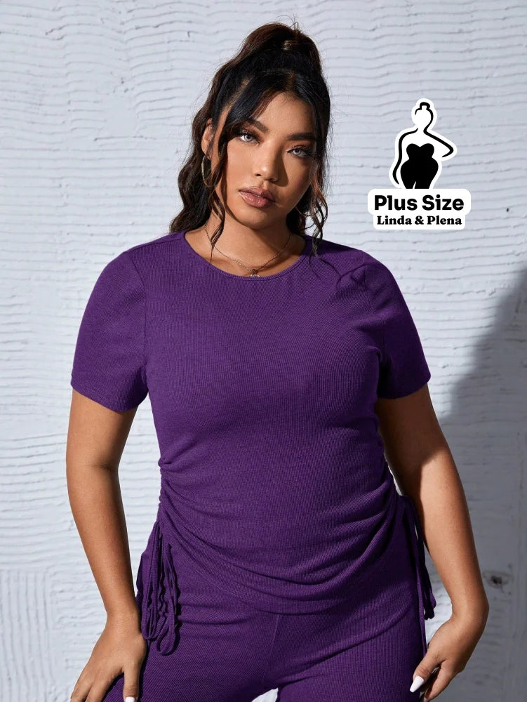 Conjunto Casual Com Blusa Ajustável E Calça Justa Plus Size Conjunto Casual Com Blusa Ajustável E Calça Justa Plus Size