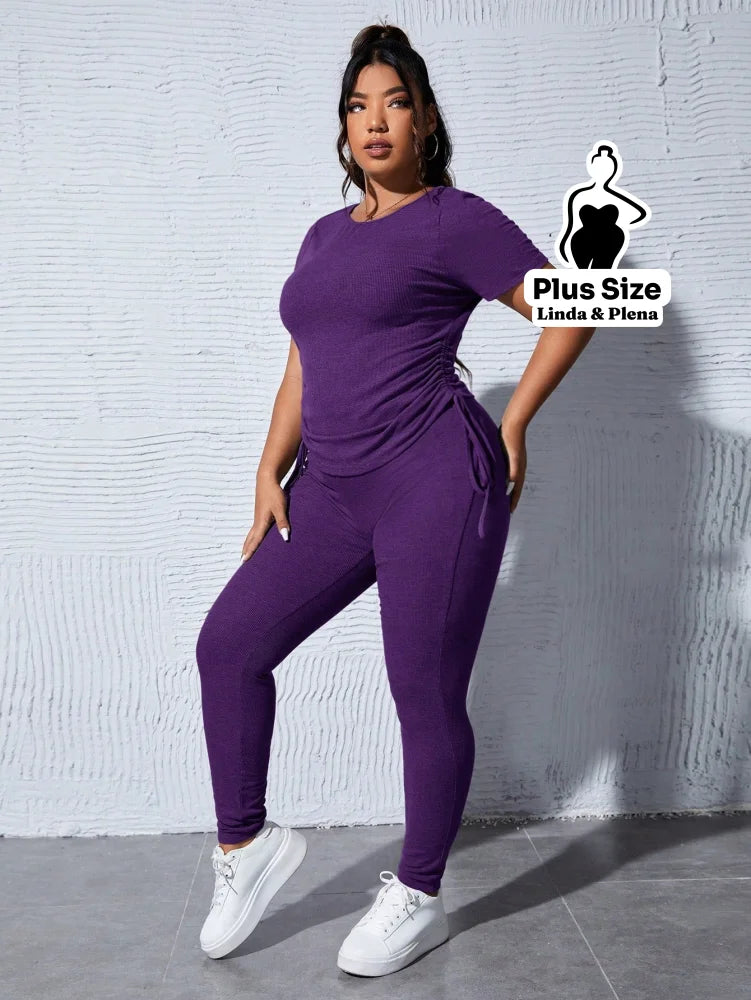 Conjunto Casual Com Blusa Ajustável E Calça Justa Plus Size G Conjunto Casual Com Blusa Ajustável E Calça Justa Plus