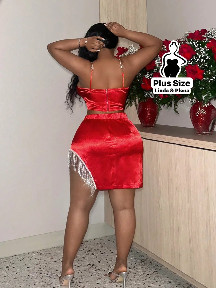 Conjunto Cetim Cropped Com Saia Curta Detalhe Franjas Plus Size Conjunto Cetim Cropped Com Saia Curta Detalhe Franjas