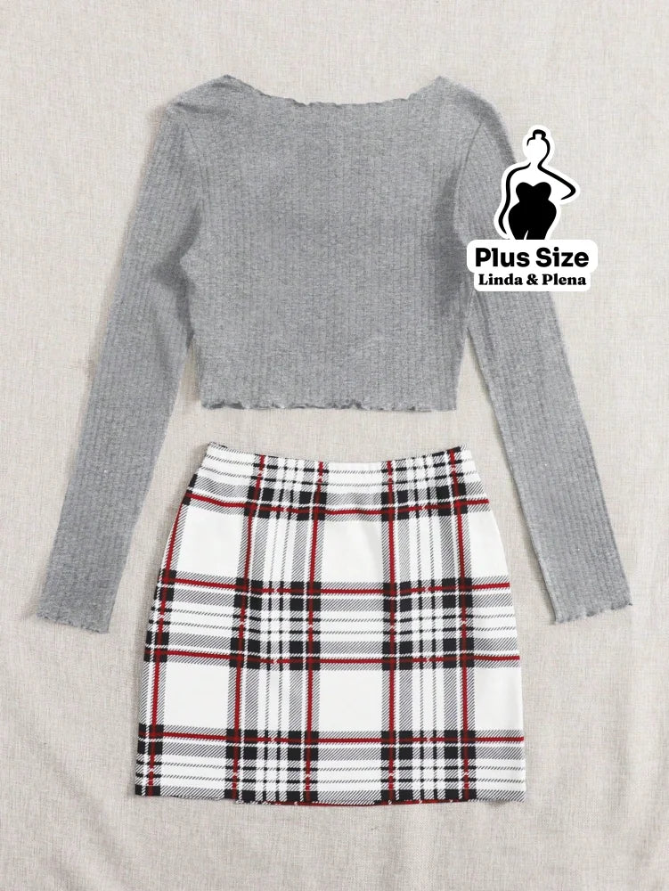 Conjunto Ciganinha Canelada E Saia Xadrez Curta Plus Size Conjunto Ciganinha Canelada E Saia Xadrez Curta Plus Size