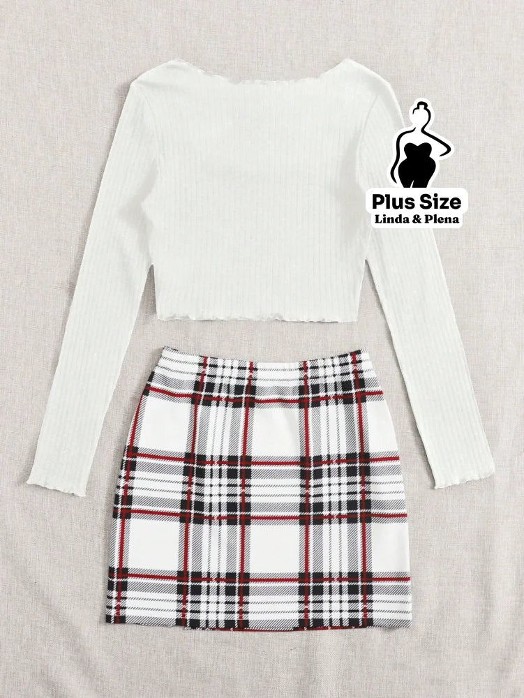 Conjunto Ciganinha Canelada E Saia Xadrez Curta Plus Size Conjunto Ciganinha Canelada E Saia Xadrez Curta Plus Size