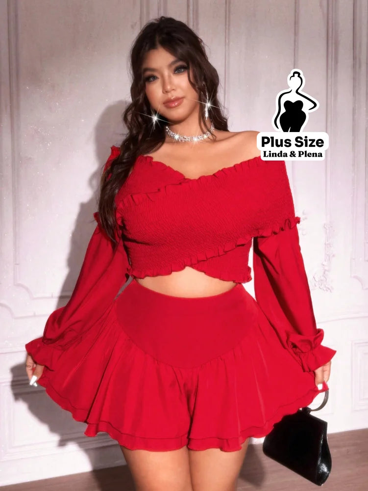 Conjunto Ciganinha Com Manga Longa E Short Rodado Plus Size Conjunto Ciganinha Com Manga Longa E Short Rodado Plus Size