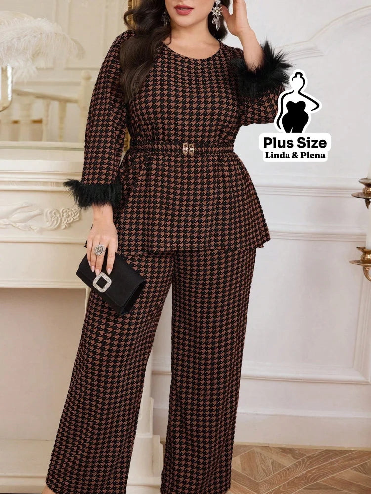 Conjunto Clássico Com Cinto E Manga Com Penas Plus Size Café / G Conjunto Clássico Com Cinto E Manga Com Penas Plus Size