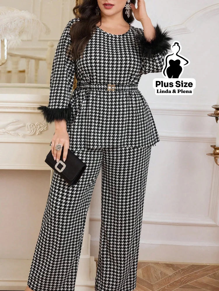 Conjunto Clássico Com Cinto E Manga Com Penas Plus Size Preto e Branco / G Conjunto Clássico Com Cinto E Manga Com