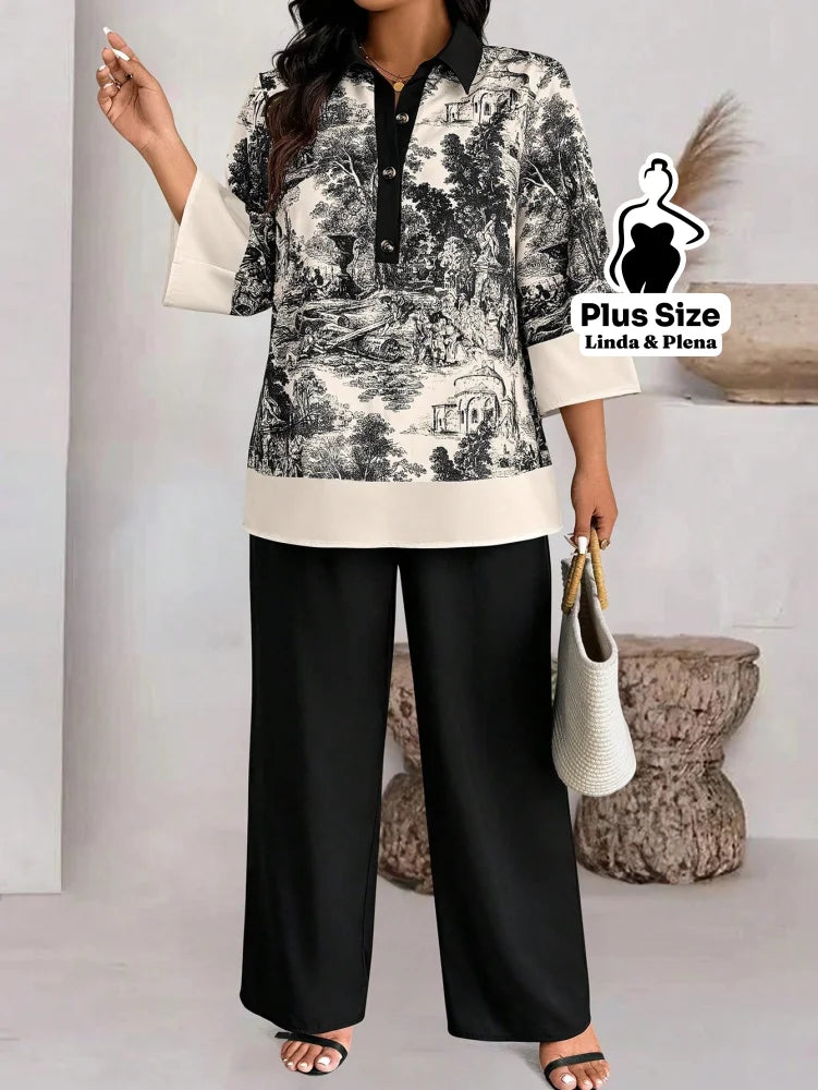 Conjunto com Blusa Estampada e Calça Pantalona Plus Size Conjunto com Blusa Estampada e Calça Pantalona Plus Size