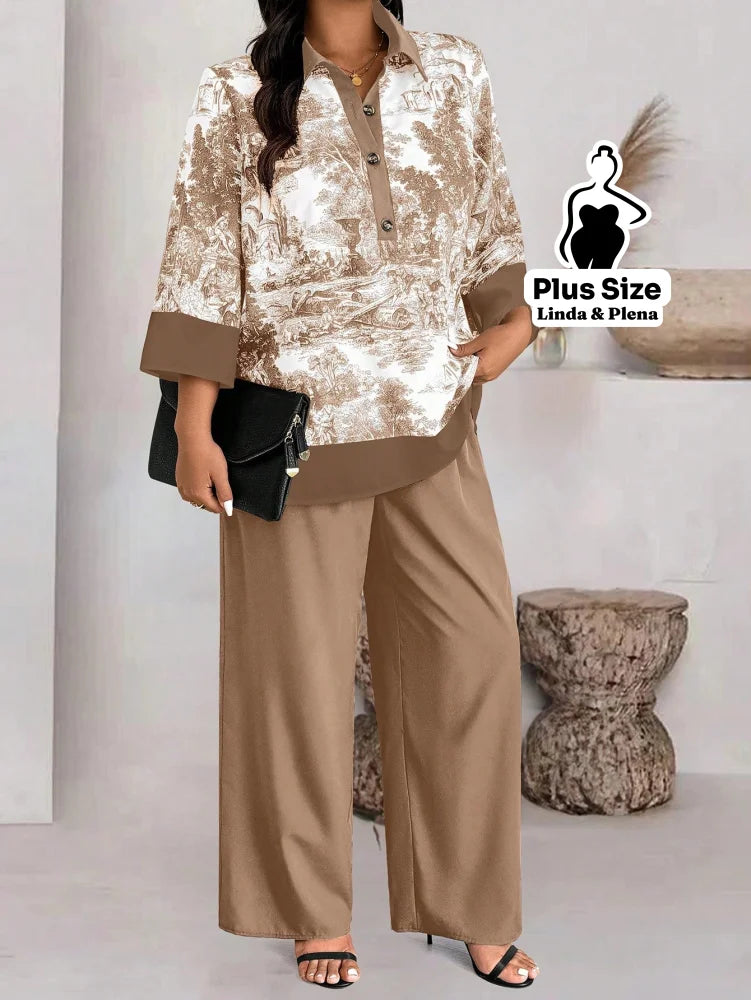 Conjunto com Blusa Estampada e Calça Pantalona Plus Size Conjunto com Blusa Estampada e Calça Pantalona Plus Size