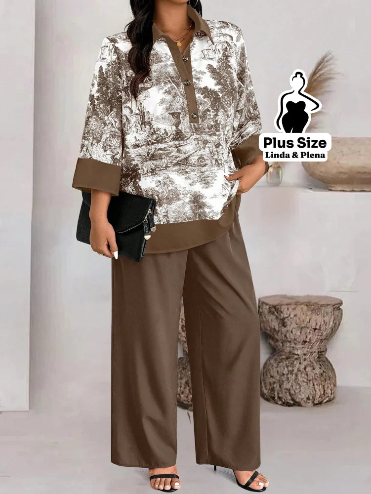 Conjunto com Blusa Estampada e Calça Pantalona Plus Size Conjunto com Blusa Estampada e Calça Pantalona Plus Size