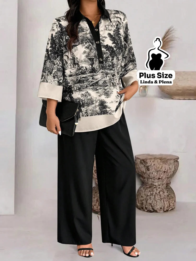 Conjunto com Blusa Estampada e Calça Pantalona Plus Size Conjunto com Blusa Estampada e Calça Pantalona Plus Size