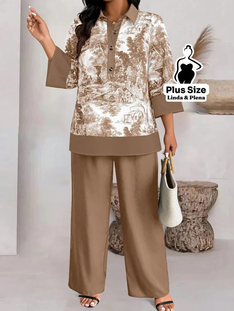 Conjunto com Blusa Estampada e Calça Pantalona Plus Size Conjunto com Blusa Estampada e Calça Pantalona Plus Size