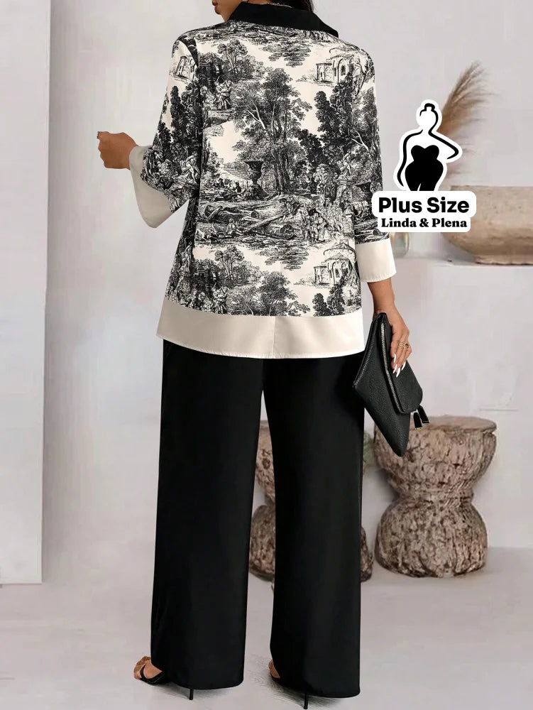Conjunto com Blusa Estampada e Calça Pantalona Plus Size Conjunto com Blusa Estampada e Calça Pantalona Plus Size