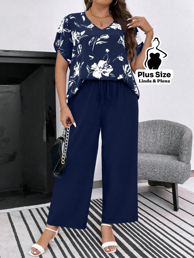 Conjunto com Blusa Estampada e Calça Solta Plus Size Conjunto com Blusa Estampada e Calça Solta Plus Size