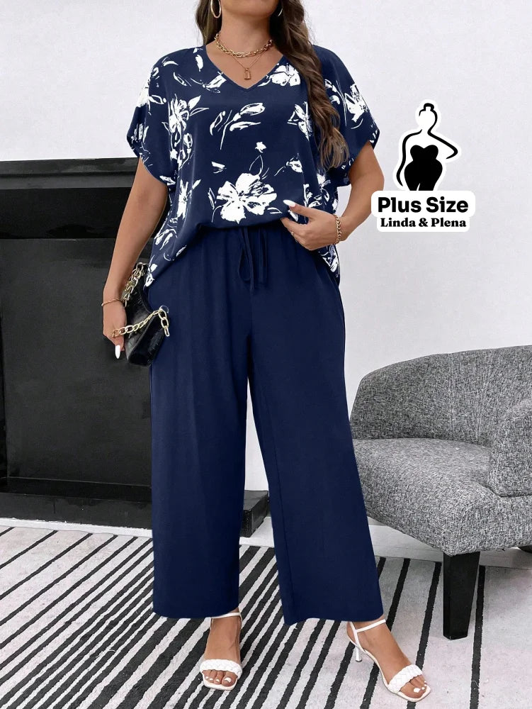 Conjunto com Blusa Estampada e Calça Solta Plus Size Conjunto com Blusa Estampada e Calça Solta Plus Size